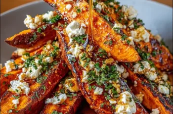 Crispy Roasted Sweet Potato Wedges with Feta & Hot Honey Drizzle