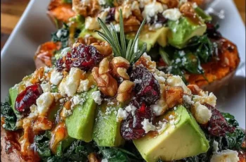 Stuffed Sweet Potatoes with Spinach, Avocado, Mushrooms, Feta, Walnuts & Sticky Cranberry Maple